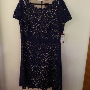 FOCUS by Shani, Laser Cutting, Fit and Flare Dress Navy with Nude Lining Size 16